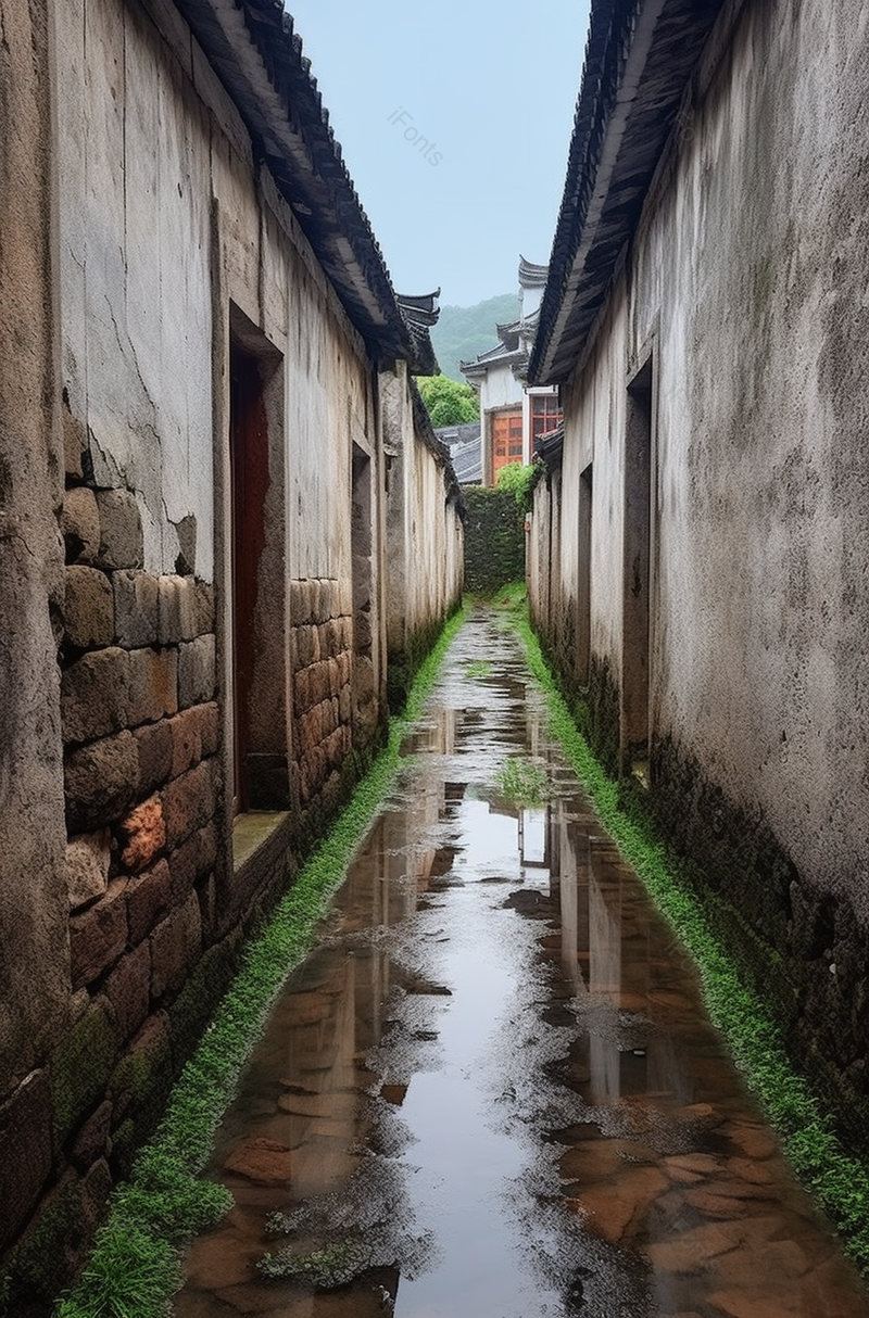 浅灰色雨后居民乡村羊肠小路积水摄影美景,高清,摄影图,摄影图片,图片大全,摄影图免费下载